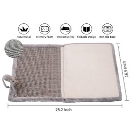 Happi N Pets Cat Scratcher Mat, 3 in 1 Foldable Sisal Mat for Small & Medium Cats, Portable Natural Scratcher with Memory Foam Bed & Interactive Toy, Rectangular, Grey