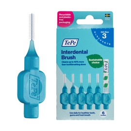 TEPE - Cepillo interdental original, cepillo dental suave para limpieza de dientes, paquete de 6, 0,6 mm, espacios medianos, azul, tamaño 3