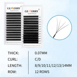 GEMERRY Volume Eyelashes, 4D W-Shaped Pre-Fanned Eyelashes, 0.07 mm, D Curl, Single Size, 12 mm, Russian Eyelash Fans for Eyelash Extensions, Lash Extensions by GEMERRY (VV lash-0.07D-12 mm)