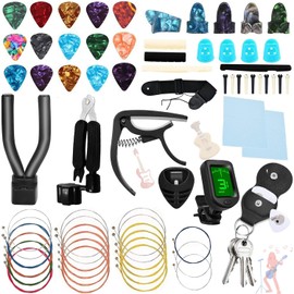 Kit de 70 Piezas Accesorios para Guitarra, Kit para Guitarra Acustica, incluyendo cuerda de guitarra acustica, Afinador, Púas para Guitarra, Herramienta de Retención 3 en 1 y Más es el regalo perfecto