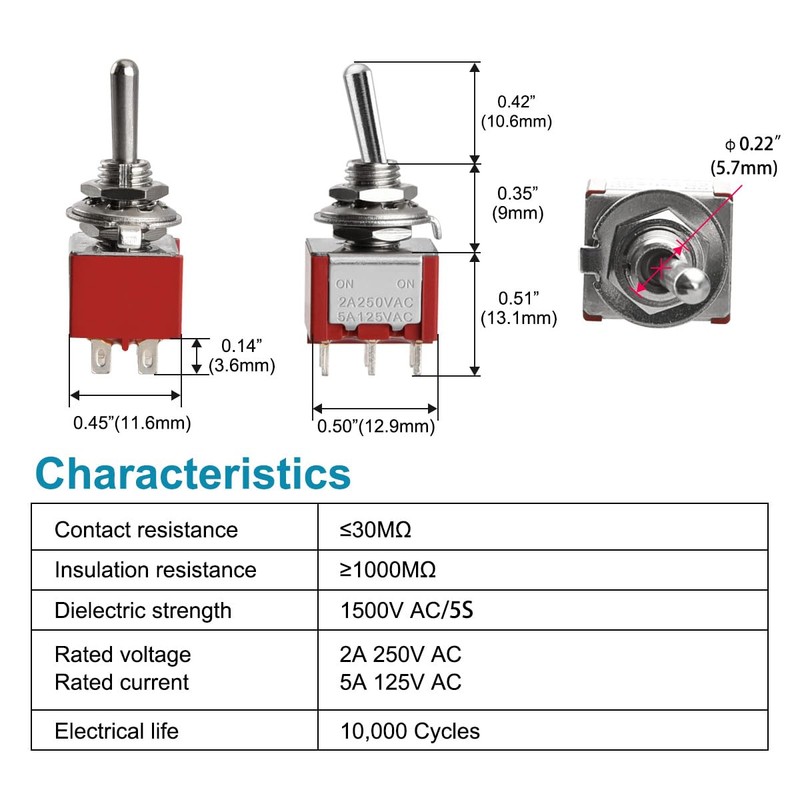 Heschen Miniature Toggle Switch MTS-202 ON-ON DPDT 6 Pin 2A