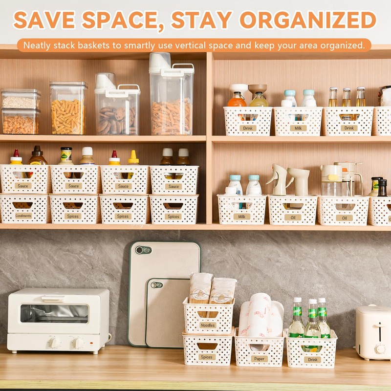 8 Pack Small Plastic Storage Bins with Bamboo Lids, Stackable
