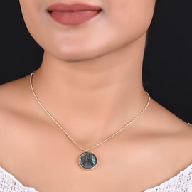 Gempires Coin Pendant Necklace for Women, Labradorite Necklace, Round Disc Necklace, 16+2 inch 14k Gold Plated Diamond Ball Chain, Occasion Wear, Gift for Her (20mm)