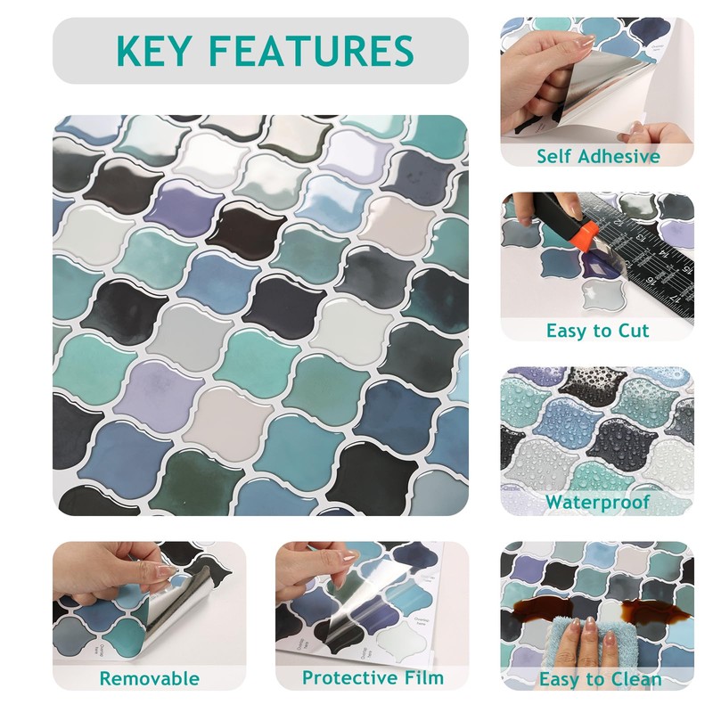 VEELIKE Teal Green Arabesque Backsplash Tile Peel and Stick Backsplash