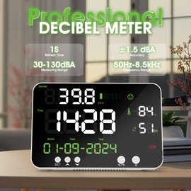 Decibel Meter,6-in-1 Digital Sound Meter with 12’’LCD Screen,Range 30-130dB,Rechargeable Noise Meter with Time, Temperature and Humidity Display for Home, Studio, Library, and Factory