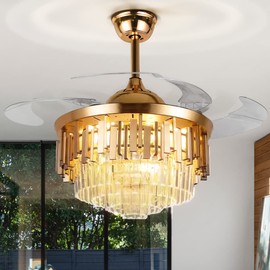 ONELLH Crystal Fandelier Ceiling Fan with Remote Control, 42" Retractable Chandelier Ceiling Fan with 3 Speed and 3 Color Light for Living Room Dining Room