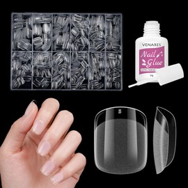 Venares Pack of 500 Extra Short Soft Gel Artificial Nail Tips Set with Glue, 12 Sizes, Pre-Polished Coffin Nail Tips, Nail Tips for Gel Nails, XS Short Coffin Full Cover Nail Tips for Gel Nails Set
