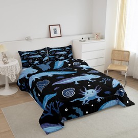 Feelyou Cartoon Axolotl Comforter Kawaii Axolotl Comforter Set 3D Animals Theme Bedding Set for Kids Adults Salamander Black Blue Duvet Set Ultra Soft Room Decor Quilt Set Full