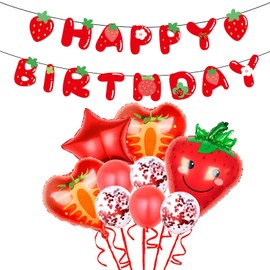 22Pcs Strawberry Balloons Set, Strawberry Decorations With Balloons, Roll The Ribbon, Banner and Drinking Straw for Sweet Girl Berry Themed Birthday Baby Shower Party Supplies