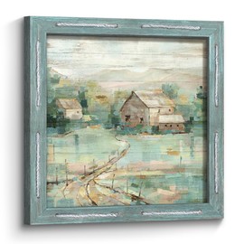 Farm Framed Wooden Wall Art: Rustic Barn Picture Country Rural Scene Painting Print Decor Vintage Countryside Landscape Artwork for Farmhouse Bedroom Living Room