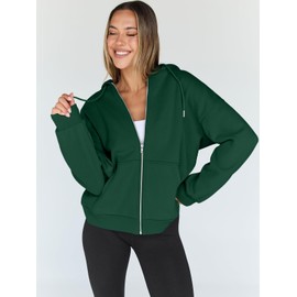 Trendy Queen Womens Zip Up Hoodies Oversized Sweatshirts Fall Fashion Outfits Casual Jackets 2025 Winter Clothes Dark Green L