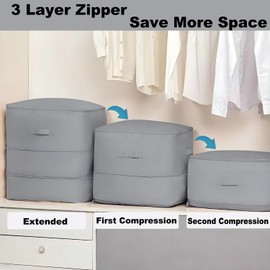 ARAINY Ultra Space Saving Self Compression Organizer, 2025 New 3-Layer Zipper Large Capacity Storage Bag, Thick Satin Fabric Heavy Duty Bags for Comforters Blankets Bedding Duvet (Gery, X-Large,2PC)