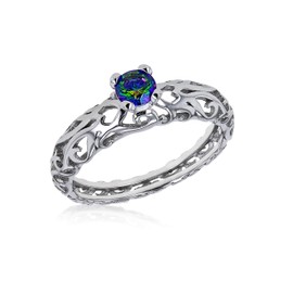 Tuscany Silver Women's Rhodium Plated Aurora Borealis Solitaire CZ Curly-Heart Band Ring #L