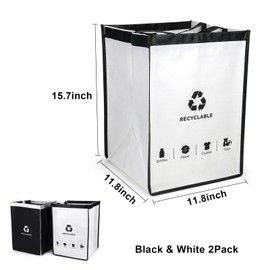 BOMEI PACK Recycling Bags White and Black with handle 2 Packs Reusable Storage Bag Separate Sorting Organizer Woven waste Bins bag 28 Gallon for Kitchen Home Office Easy clean