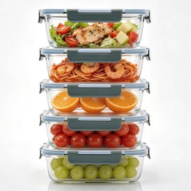 KEKEGO 5Pack 22oz Glass Storage Containers with Lids, Glass Meal Prep Containers Set, Airtight Snap Lids, BPA Free, Microwave Oven Freezer Dishwasher Safe, Grey