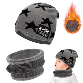 langyoujia Kids Thick Winter Hat, Warm Winter Hat and Scarf Set for Kids with Fleece Lining, Winter Hat and Scarf Set for Boys and Girls Age 5-15 Years, gray
