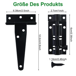 4 Pieces T Hinges, Heavy Duty T Shaped Hinges, T-shaped Door Hinges with 2 Pieces Door Handle and Matching Screws, Metal T Hinges for Door, Window, Fence (Black)