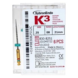 Kerr 830-8251 K3 Nickel-Titanium Rotary Endodontic File, Size 25, 0.08 Taper, 21 mm Length, Red Tip (Pack of 6)