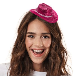 MINI SPARKLING COWGIRL HAT - FASCINATOR STYLE MINIATURE PINK COWBOY HATS - PERFECT FOR HEN PARTIES AND FANCY DRESS COSTUME - PACK OF 6