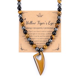 Jovivi Wolf Tooth Tiger Eye Crystal Amulet Necklace for Men Women Natural Healing Crystals Black Obsidian Tigers Eye Hematite Beaded Necklace Triple Protection Jewelry Gifts