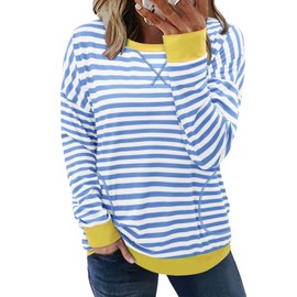 Women's Long Sleeve Shirts Casual Crew Neck T-Shirts Lightweight Color Block Top with Striped,BlueYellow,Small