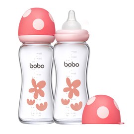 YOHKOH Natural Glass Baby Bottle with Natural Response Nipple, Newborn Anti-Colic Baby Bottles, Wide Neck Mushroom Cap Baby Bottle, Clear (8.8oz (Pack of 2), Red-A)