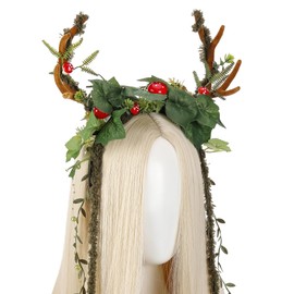 MOSTORY Woodland Mushroom Antlers Headband - Forest Ivy Reindeer Headpiece for Mother Nature Costume Women, Floral Deer Horns Headpiece with Vine for Renaissance Renfaire Cosplay Fairy Aesthetic