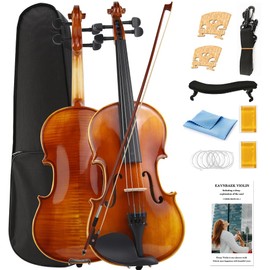 Eavnbaek Violin 4/4 Full Size Set, Solid Wood Fiddle for Adults Beginners Students Kids, with Hard Case, Violin Bow, Shoulder Rest, 2 Rosins and Extra String