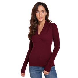 AmélieBoutik Women Deep V Neck Empire Waist Long Sleeve Knit WrapTop Sweater(Red X-Large)
