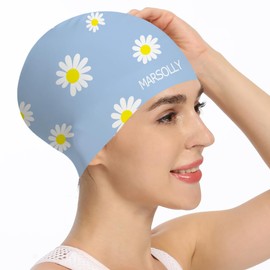 Marsolly Silicone Swim Cap for Women, Waterproof Long Hair Swimming Caps with Flower Printed