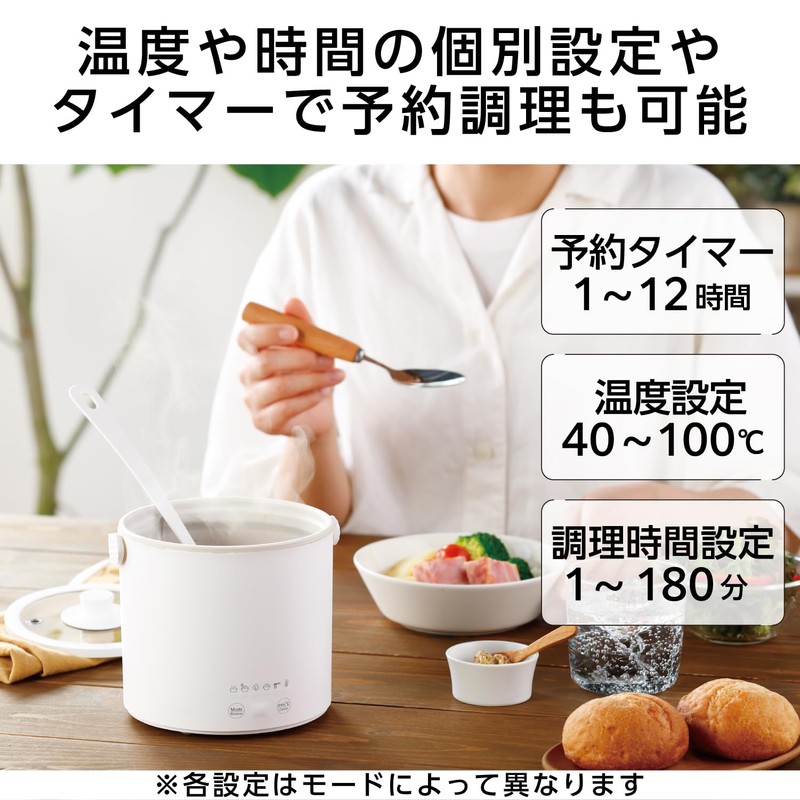 Elecom HAC-HEP01GY Thermal Cooking Pot, 6-in-1 [Low Temperature Cooking/Steaming/Boiling/Boiling] Timer