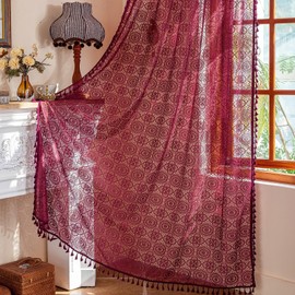 Kotile Maroon Lace Curtain 84 Inches Long 1 Panel Vintage Crochet Floral Burgundy Sheer Curtain with Tassels for Living Room, Rod Pocket Light Filtering Privacy Closet Red Wine Boho Drape, 60x84 Inch