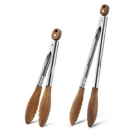 2 Pcs Walnut Wooden Kitchen Cooking Tongs with Wooden Tips, Salad Tongs, BBQ Tongs, 11"/9"