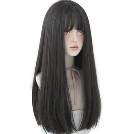 URCGTSA Long Black Synthetic Hair Natural Long Straight Wig With Bangs Party Cosplay Wig for Women（Black brown 23Inch）