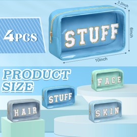 Pinkunn 4 Pcs Preppy Makeup Bags Chenille Letter Patch Bag Face Skin Hair Stuff Aesthetic Cosmetic Bag Corduroy Nylon Cosmetic Bag Birthday Gifts for Women(Blue Series Colors,Nylon)