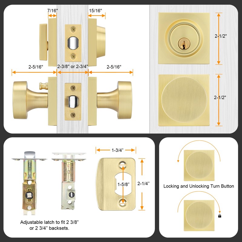 goldenwarm Gold Door Knobs with Deadbolt, Zinc Alloy Brushed Gold