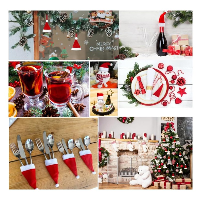 Huanmin Mini Christmas Hat, 30 Pieces Mini Christmas Cutlery Holder,