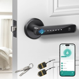 Amerdeco Smart Fingerprint Door Lock with Keypad Handle - Keyless Entry via Biometric, APP, Code, Keys & Card for Bedroom, Office, Hotel, Apartment - Black