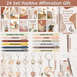 Mooliwe 72 Pcs/24 Set Positive Affirmation Gift Set Gratitude Notebooks with Pens Acrylic Keychains Small Bags Motivational Notepads for Women Coworkers Christmas Adults Party Favors(Boho)