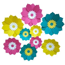 Mybbshower Paper Flower for Wall Set of 9 (Rose Pink/Yellow/Teal)