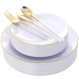 DaYammi 30 Guests Gold Plastic Plates with Disposable Silverware, Gold Cutlery with White Handle, White&Gold Disposable Dinnerware for Parties Wedding