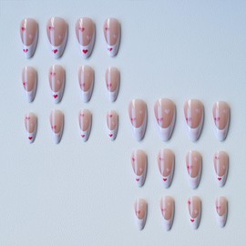 Heart Press on Nails Almond Medium Fake Nails White French Tip False Nails with Designs Cute Red Pink Heart Glossy Glue on Nail Nude Full Cover Acrylic Stick on Nail for Women Girls 24 Pcs