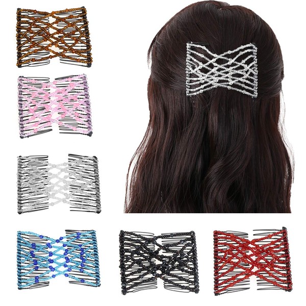 CCbeauty 6 Pcs Magic Hair Comb Elastic Beaded Hair Clips Women Decorative Accessories,Bride Double Slides Stretching Hairpins Combs for Ladies Girls Popular Hairstyles
