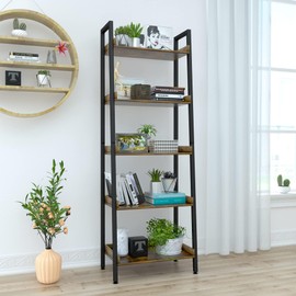 5-Tier Ladder Shelf, Ladder Bookshelf Storage Rack, Rustic Bookcase Wood Metal Freestanding Storage Shelf Display Shelf for Living Room, Home Office, Bedroom, Balcony, Industrial Style, Rustic Brown