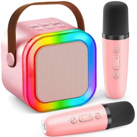 Mini Karaoke Machine for Kids Adults, Portable Bluetooth Speaker with 2 Wireless Microphones, LED Lights, Singing System for Family Home Party, Voice Changer, Boys Girls Karaoke Machine with Speaker