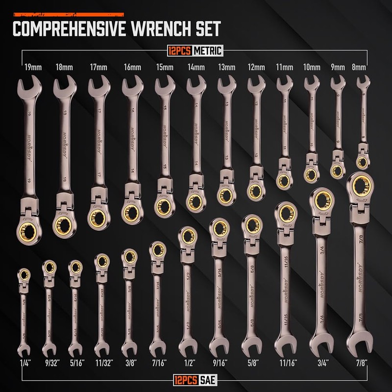 HORUSDY 24-Piece Flex-Head Ratcheting Wrench Set | Metric and SAE