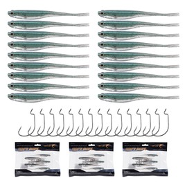 Goture Soft Plastic Baits with Worm Hooks Kit 33pcs, Fork Tail Swimbaits, Fishing Drop Shot Shad Lures, Soft Jerk Shad Baits Jerkbait Minnow Baits for Bass Trout Green 2.95in