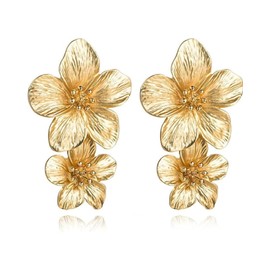KGDUYC 1 Pair Large Flower Earrings – Gold Double Layer Flower Dangle Earrings Metal Petal Flowers Stud Earrings Fashion Statement Wedding Earrings for Girls and Women