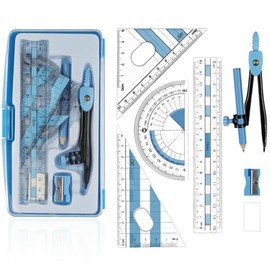 Maths Set | 8Pcs Compass Maths Protractor and Compass Set | Geometry Sets Triangle Ruler Protractor Rubber Sharpener with Storage Box (Blue)