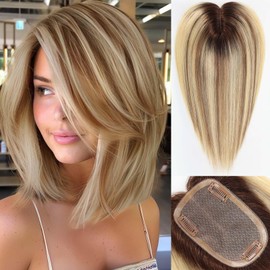starluck Hair Toppers for Women Real HumanHair,5.5"*4"MONO Large Base, Real Human Hair-Toppers for Women with Thinning,46g Hand-moven Topper,Gray Roots,High Volume,Ombre Blonde with Brown Highlight